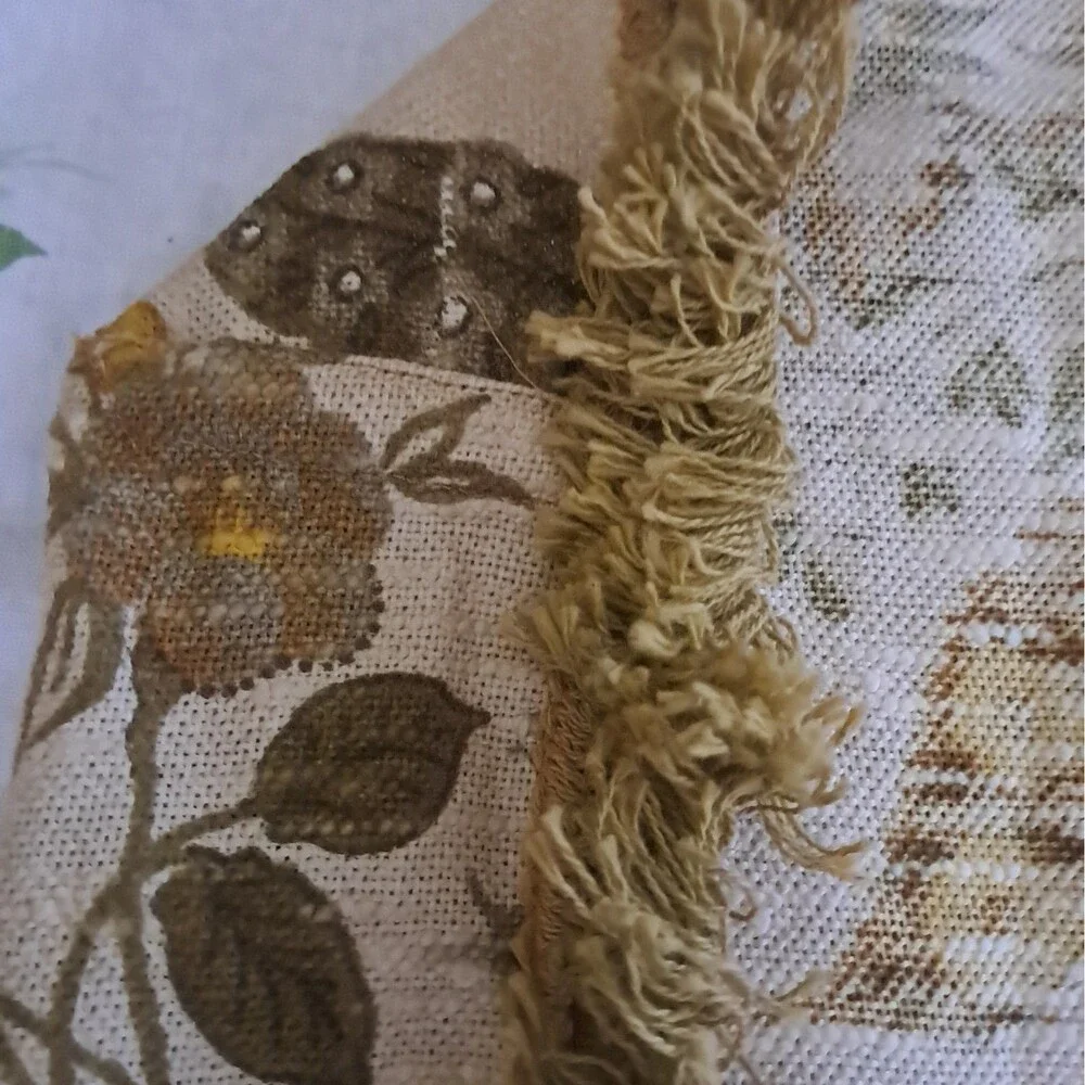 30x30 Heavy Fringed Floral Table Cover 70s Gold Green Brown Retro Vintage